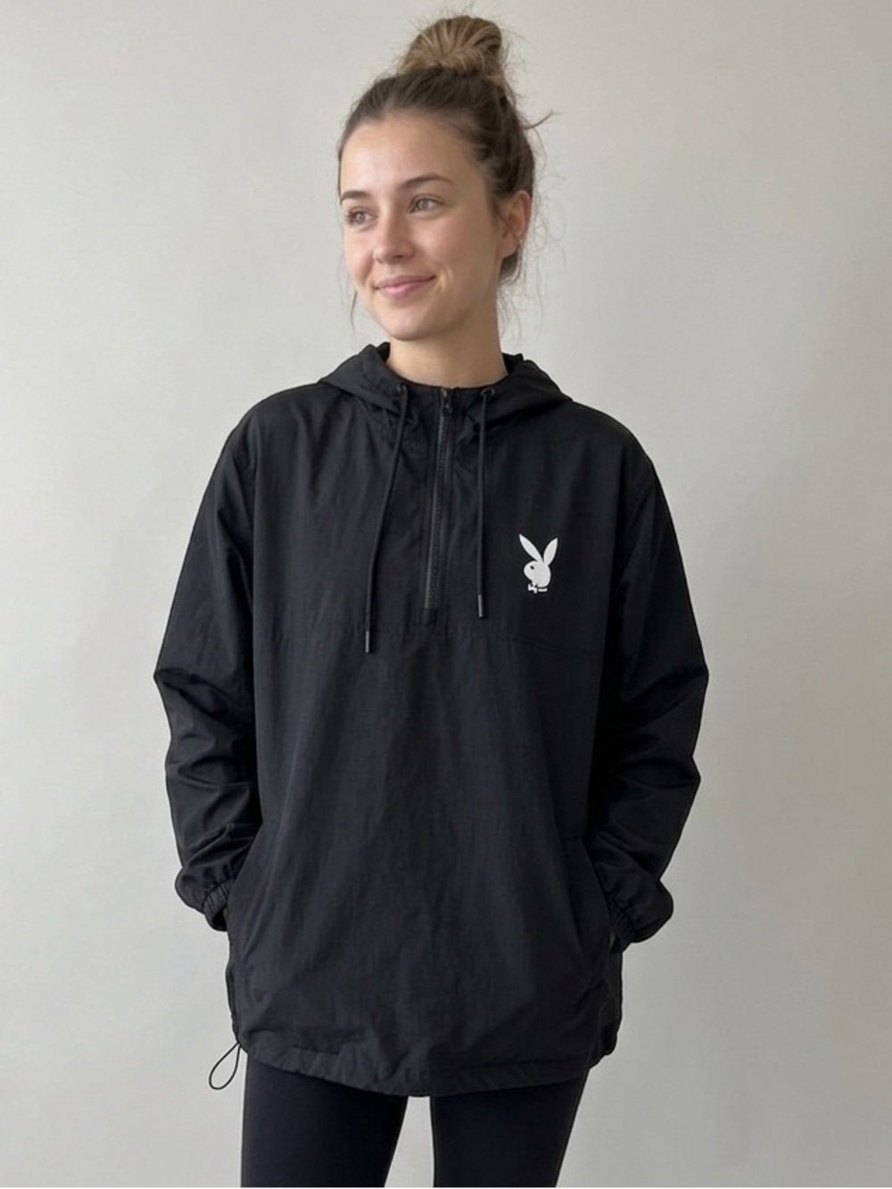 Playboy By Pacsun Sz M Black Bunny Logo Windbreaker Hooded Rain Jacket